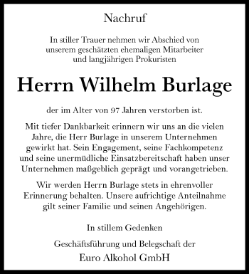 Anzeige von Wilhelm Burlage 