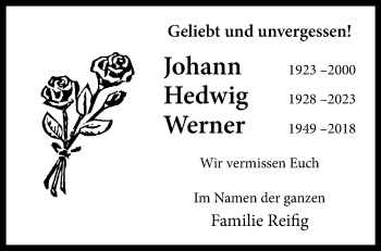 Anzeige von Johann, Hedwig, Werner Reifig 
