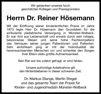 Anzeige von Dr. Reiner Hösemann 