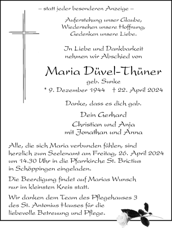 Anzeige von Maria Düvel-Thüner 