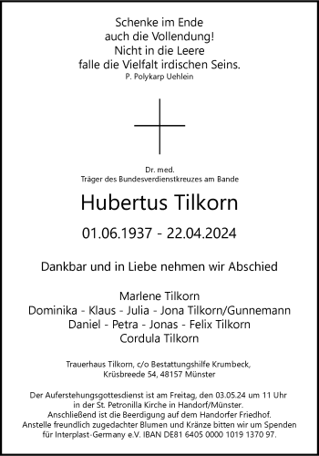 Anzeige von Hubertus Tilkorn 