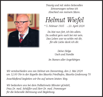 Anzeige von Helmut Wiefel 