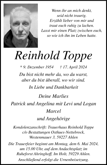 Anzeige von Reinhold Toppe 