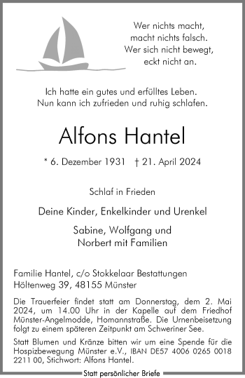 Anzeige von Alfons Hantel 