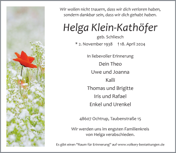 Anzeige von Helga Klein-Kathöfer 