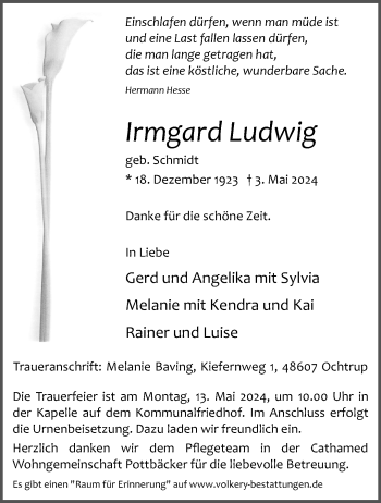 Anzeige von Irmgard Ludwig 