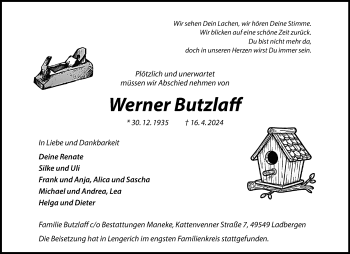 Anzeige von Werner Butzlaff 