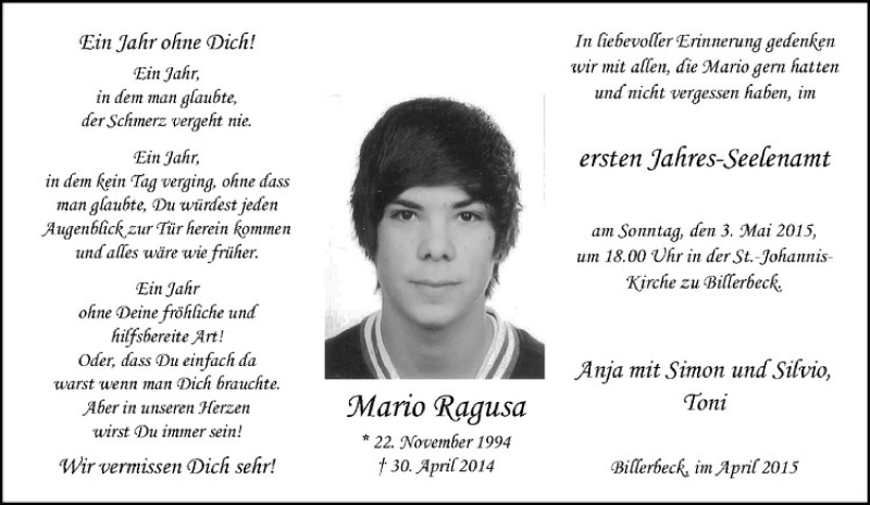  Traueranzeige für Mario Ragusa vom 30.04.2015 aus Westfälische Nachrichten