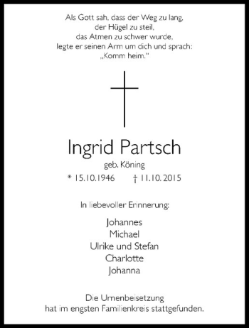 Anzeige von Ingrid Partsch von Westfälische Nachrichten