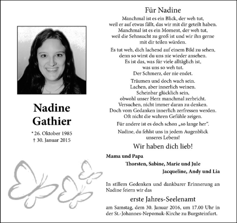  Traueranzeige für Nadine Gathier vom 30.01.2016 aus Westfälische Nachrichten