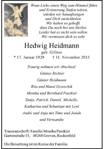 Anzeige von Hedwig Heidmann von Westfälische Nachrichten