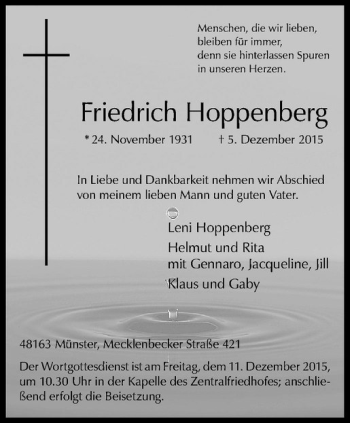 Anzeige von Friedrich Hoppenberg von Westfälische Nachrichten