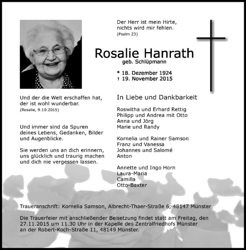  Traueranzeige für Rosalie Hanrath vom 21.11.2015 aus Westfälische Nachrichten