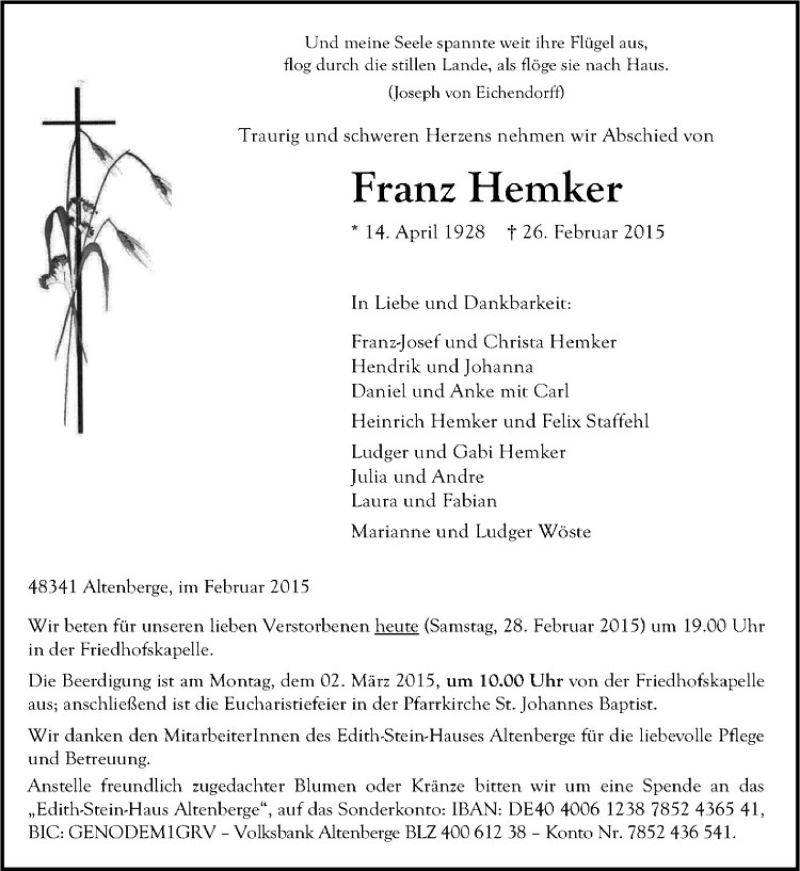  Traueranzeige für Franz Hemker vom 28.02.2015 aus Westfälische Nachrichten