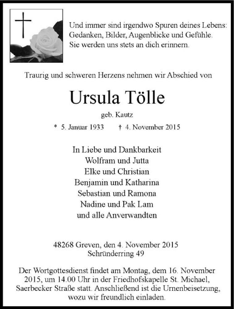  Traueranzeige für Ursula Tölle vom 11.11.2015 aus Westfälische Nachrichten