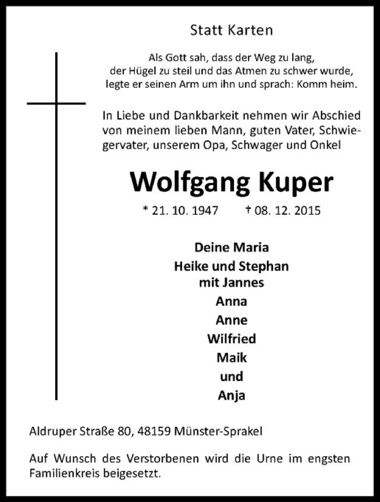  Traueranzeige für Wolfgang Kuper vom 12.12.2015 aus Westfälische Nachrichten
