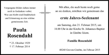 Anzeige von Paula Rosendahl von Westfälische Nachrichten