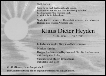 Anzeige von Klaus Dieter Heyden von Westfälische Nachrichten