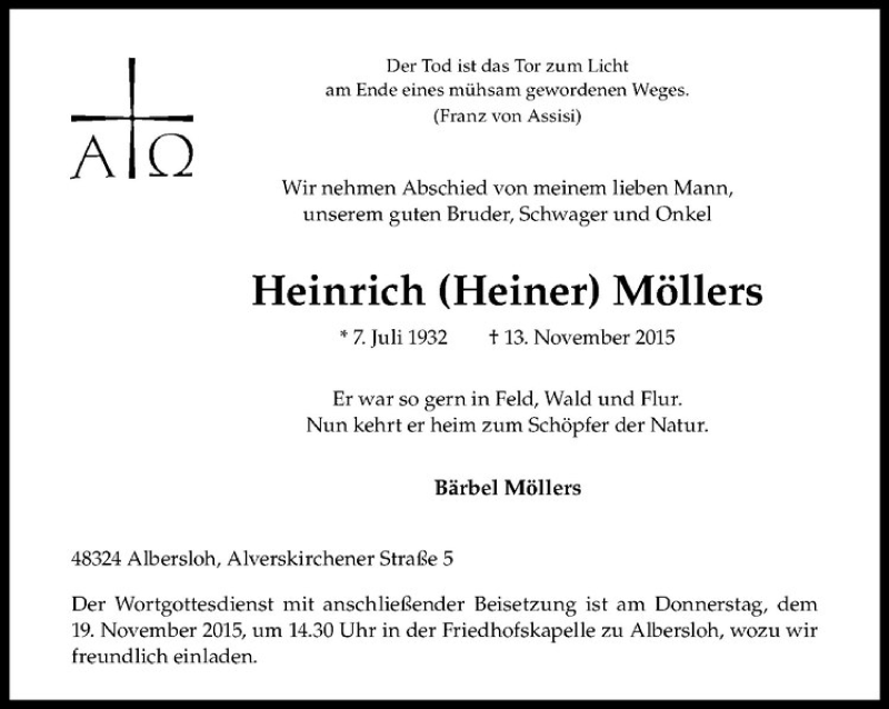  Traueranzeige für Heinrich Möllers vom 17.11.2015 aus Westfälische Nachrichten