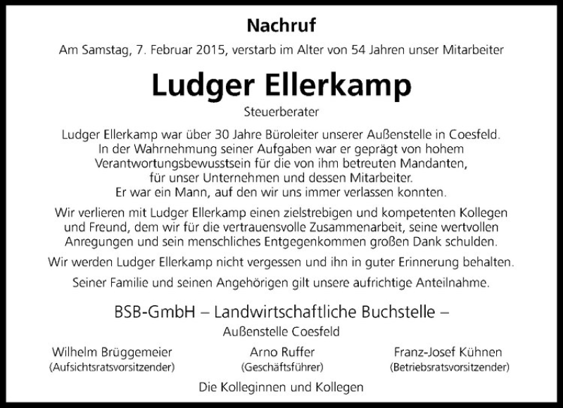  Traueranzeige für Ludger Ellerkamp vom 11.02.2015 aus Westfälische Nachrichten