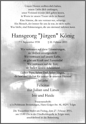 Anzeige von Hansgeorg König von Westfälische Nachrichten