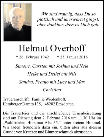 Anzeige von Helmut Overhoff von Westfälische Nachrichten