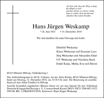 Anzeige von Jürgen Weskamp von Westfälische Nachrichten