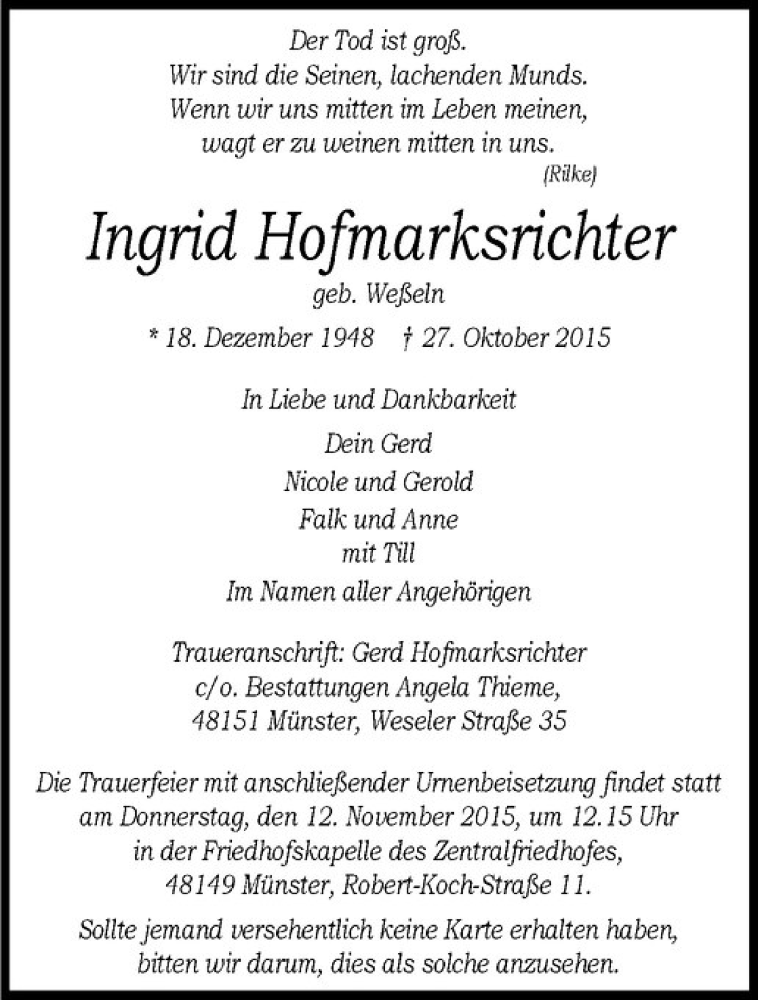  Traueranzeige für Ingrid Hofmarksrichter vom 07.11.2015 aus Westfälische Nachrichten