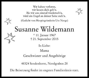 Anzeige von Susanne Wildemann von Westfälische Nachrichten