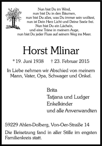 Anzeige von Horst Mlinar von Westfälische Nachrichten