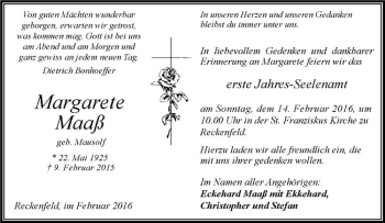 Anzeige von Margarete Maaß von Westfälische Nachrichten