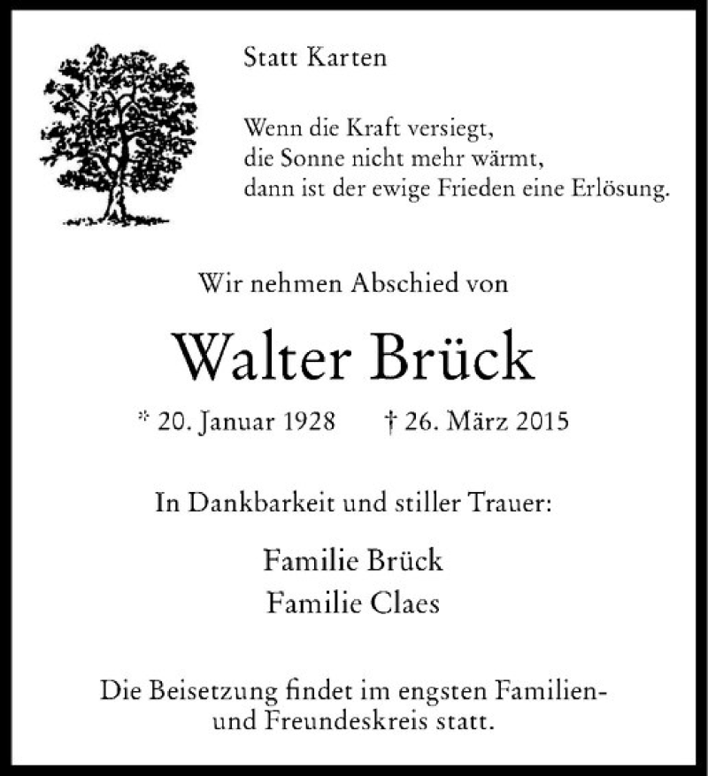  Traueranzeige für Walter Brück vom 01.04.2015 aus Westfälische Nachrichten