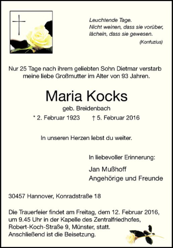 Anzeige von Maria Kocks von Westfälische Nachrichten
