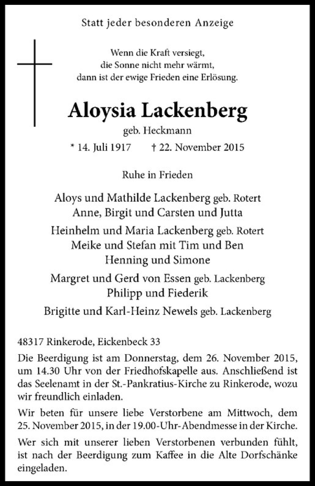  Traueranzeige für Aloysia Lackenberg vom 24.11.2015 aus Westfälische Nachrichten