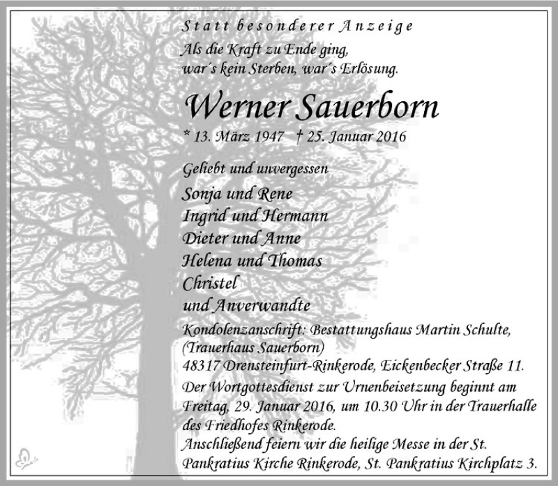  Traueranzeige für Werner Sauerborn vom 26.01.2016 aus Westfälische Nachrichten
