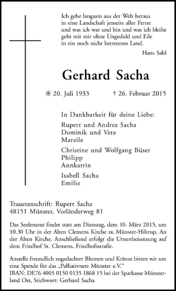 Anzeige von Gerhard Sacha von Westfälische Nachrichten