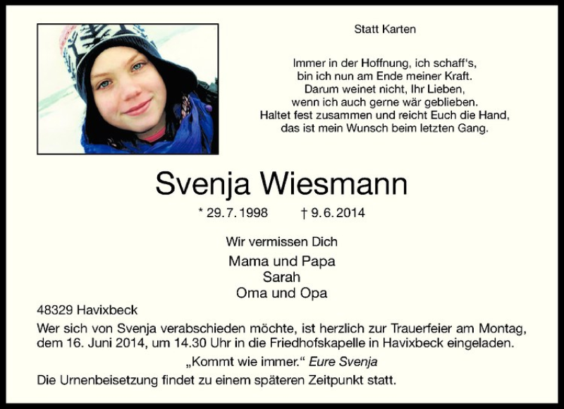  Traueranzeige für Svenja Wiesmann vom 12.06.2014 aus Westfälische Nachrichten