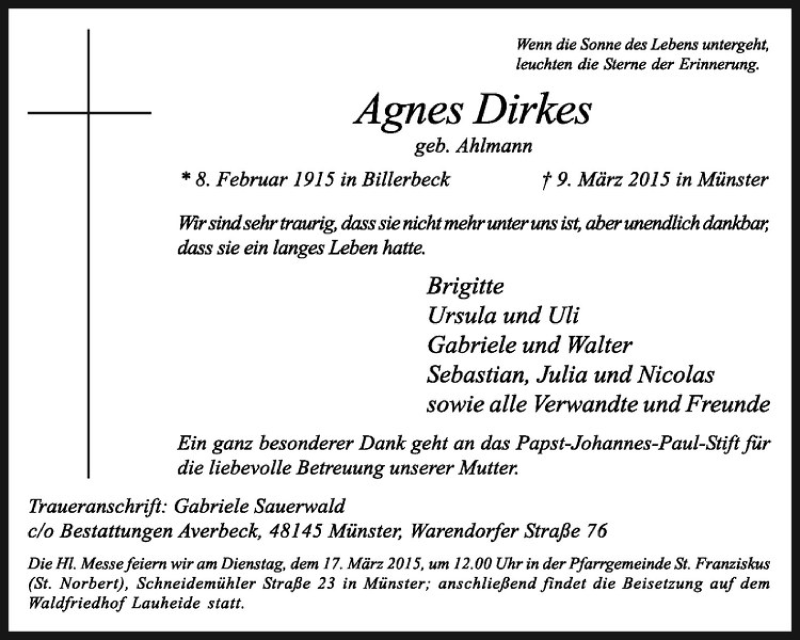  Traueranzeige für Agnes Dirkes vom 14.03.2015 aus Westfälische Nachrichten