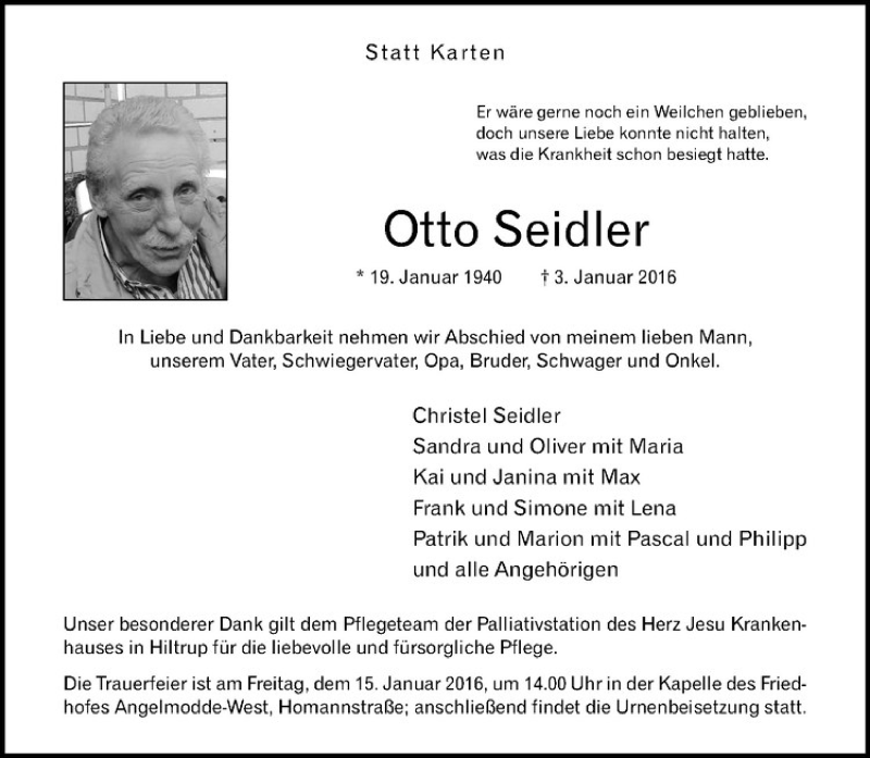  Traueranzeige für Otto Seidler vom 09.01.2016 aus Westfälische Nachrichten