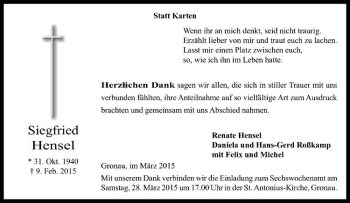 Anzeige von Siegfried Hensel von Westfälische Nachrichten