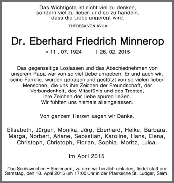 Anzeige von Eberhard Friedrich Minnerop von Westfälische Nachrichten
