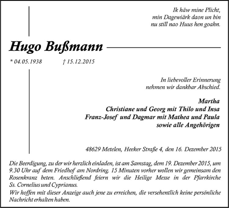  Traueranzeige für Hugo Bußmann vom 17.12.2015 aus Westfälische Nachrichten