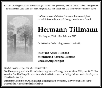 Anzeige von Hermann Tillmann von Westfälische Nachrichten