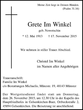 Anzeige von Grete Im Winkel von Westfälische Nachrichten