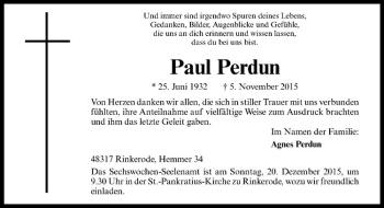 Anzeige von Paul Perdun von Westfälische Nachrichten