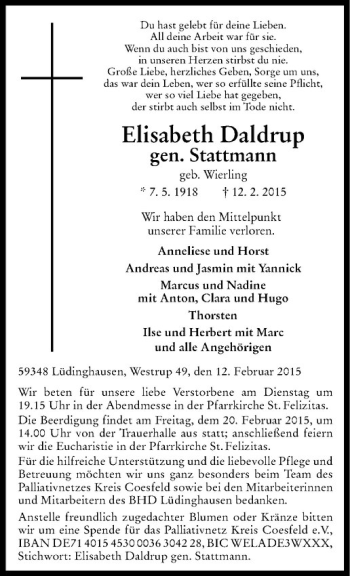 Anzeige von Elissabeth Daldrup von Westfälische Nachrichten