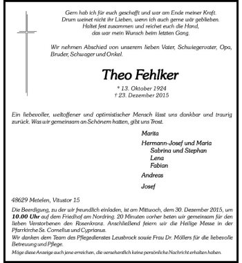 Anzeige von Theo Fehlker von Westfälische Nachrichten