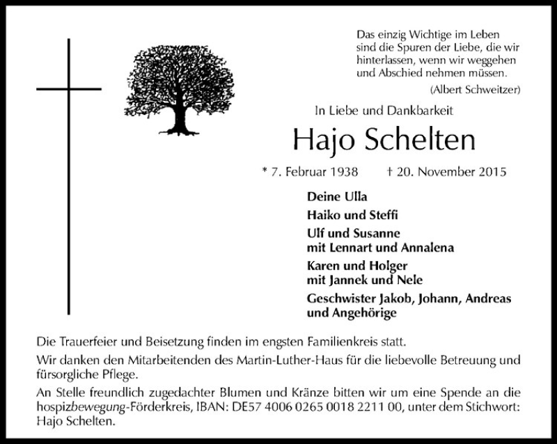  Traueranzeige für Hajo Schelten vom 28.11.2015 aus Westfälische Nachrichten