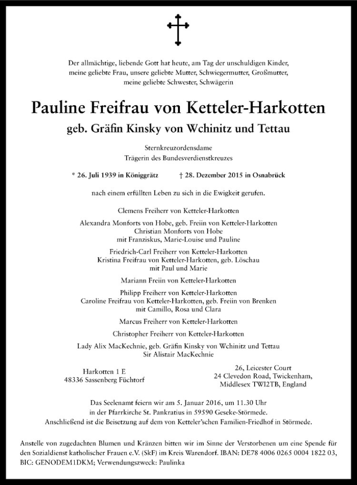  Traueranzeige für Pauline Freifrau von Ketteler-Harkotten vom 02.01.2016 aus Westfälische Nachrichten