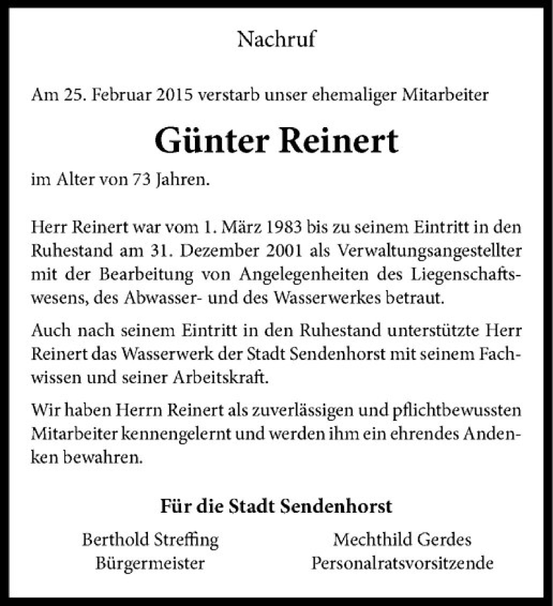  Traueranzeige für Günter Reinert vom 04.03.2015 aus Westfälische Nachrichten